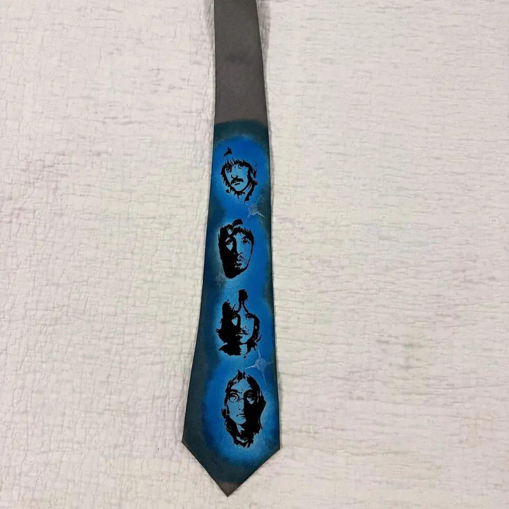 Beatles Men’s Skinny Pointed Tie Blue/Black Graphic Face Print Polyester Korea